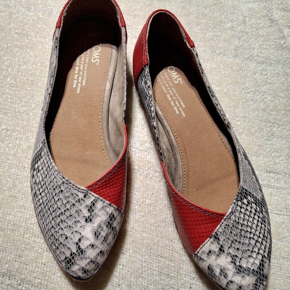Toms Red and Gray Flats with Snakeskin Print